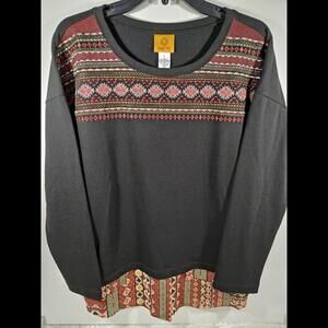 Ruby Road Top Womens Large Black Long Sleeve Embroidered Tribal Blouse